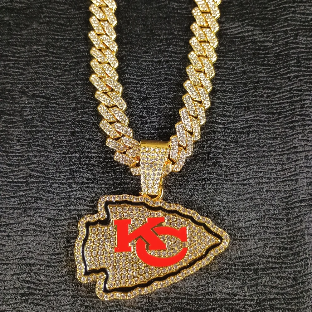 NFL Kansas City Chiefs 20inch Necklace Pendant Cuban Chain Link Football Jewelry - Picture 1 of 6